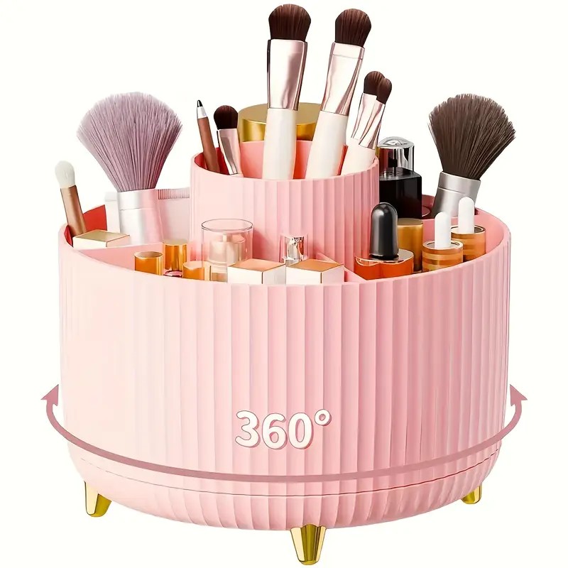360° Rotating Multi-Compartment Makeup Brush Holder: Luxurious Vertical Texture with Golden Feet Design, Scientifically Organized Storage, One Cylinder to Tidy Your Vanity Table. - Image 1