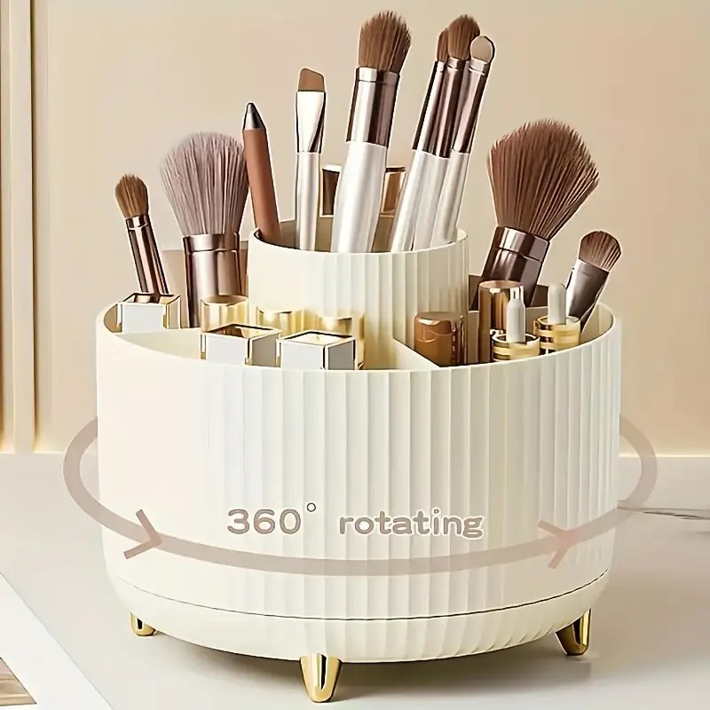 360° Rotating Multi-Compartment Makeup Brush Holder: Luxurious Vertical Texture with Golden Feet Design, Scientifically Organized Storage, One Cylinder to Tidy Your Vanity Table. - Image 1
