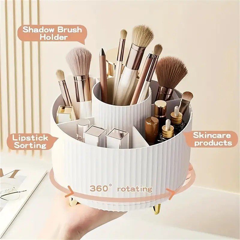 360° Rotating Multi-Compartment Makeup Brush Holder: Luxurious Vertical Texture with Golden Feet Design, Scientifically Organized Storage, One Cylinder to Tidy Your Vanity Table. - Image 3