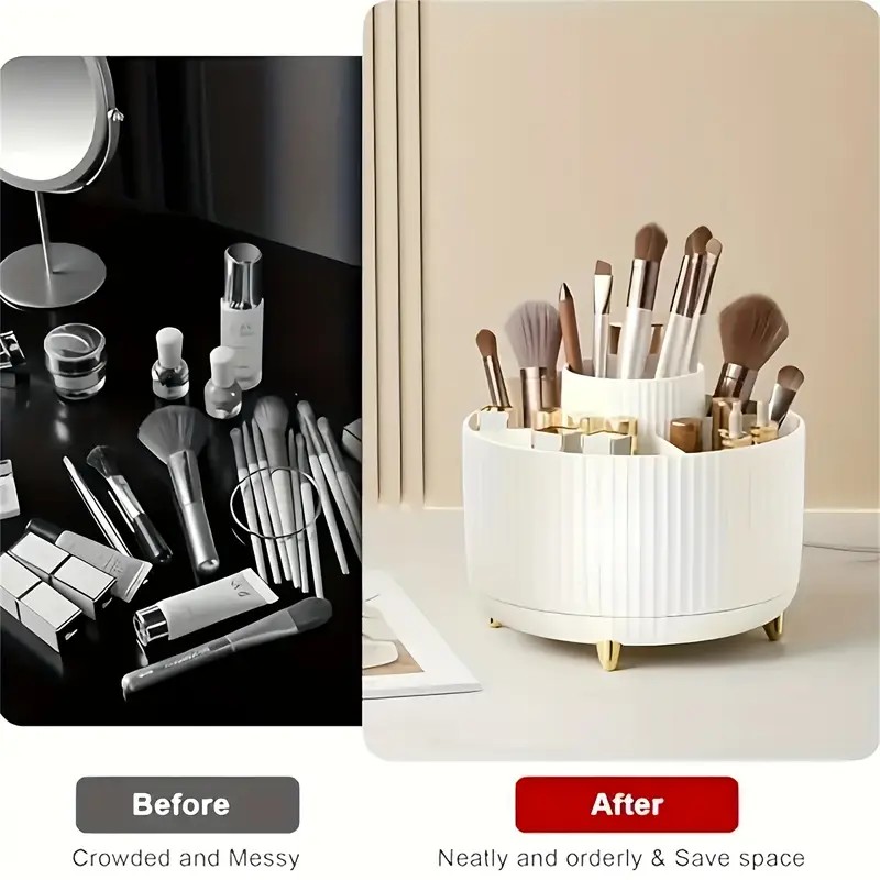 360° Rotating Multi-Compartment Makeup Brush Holder: Luxurious Vertical Texture with Golden Feet Design, Scientifically Organized Storage, One Cylinder to Tidy Your Vanity Table. - Image 6