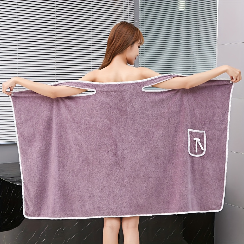 1-Piece Bath Towel with Pocket, Wearable Bath Towel, Bathroom Shower Supply, Can be Used as Robe, Nightgown, Sexy Strap Dress, Blanket, Indoor/Outdoor Fitness Sauna Shawl, Easy to Carry, Machine Washable（Purple） - Image 2