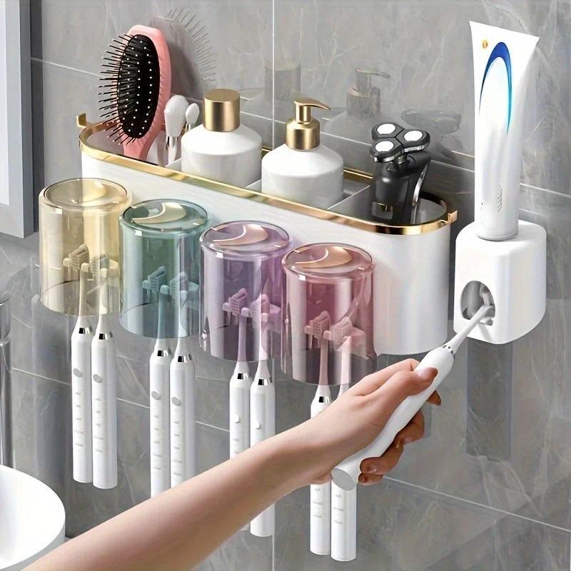 4-in-1 White(four people) Wall-Mounted Toothbrush Holder | Toothbrush Storage/Toothpaste Dispenser/Storage Shelf/Anti-Mildew Drainage - Bathroom Organization Upgrade - Image 1