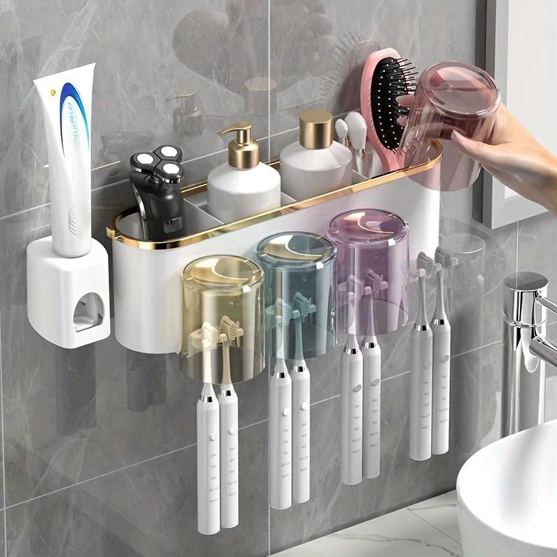 4-in-1 White(four people) Wall-Mounted Toothbrush Holder | Toothbrush Storage/Toothpaste Dispenser/Storage Shelf/Anti-Mildew Drainage - Bathroom Organization Upgrade - Image 3