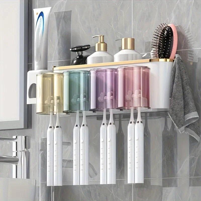4-in-1 White(four people) Wall-Mounted Toothbrush Holder | Toothbrush Storage/Toothpaste Dispenser/Storage Shelf/Anti-Mildew Drainage - Bathroom Organization Upgrade - Image 4
