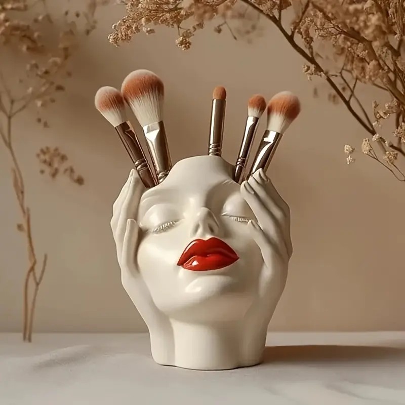 1 Piece Elegant Resin Makeup Brush Holder with Red Lips Design - Lightweight Synthetic Cosmetics Organizer Box, Standalone Desktop Storage Case for Bathroom or Dressing Table.Aesthetic 