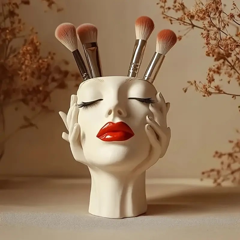 1 Piece Elegant Resin Makeup Brush Holder with Red Lips Design - Lightweight Synthetic Cosmetics Organizer Box, Standalone Desktop Storage Case for Bathroom or Dressing Table.Aesthetic 