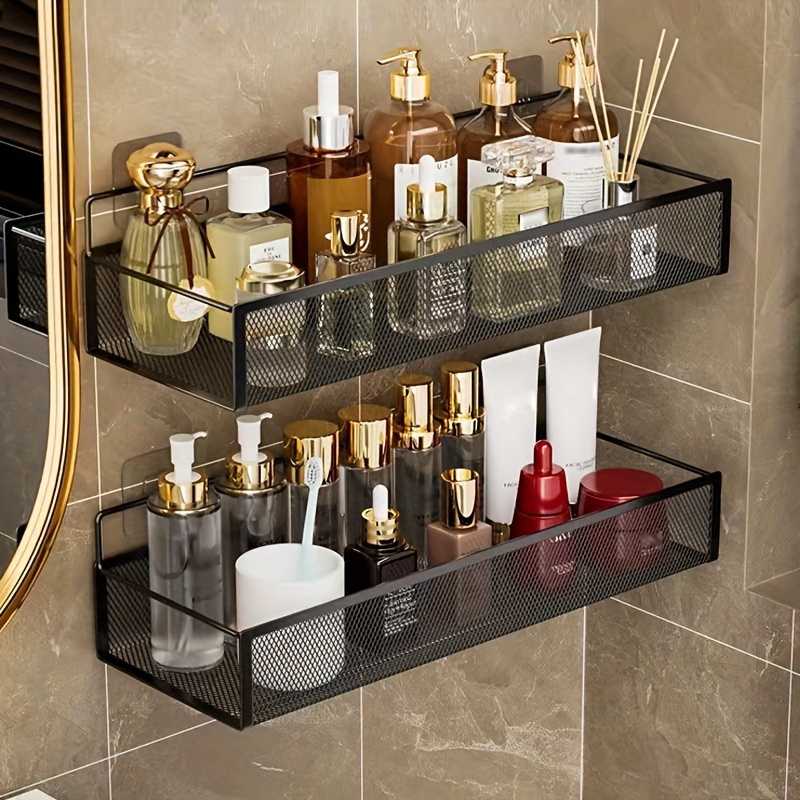 Wrought Iron Bathroom Storage Basket, Wall-Mounted Self-Adhesive Toothbrush Holder, Cosmetic & Condiment Shower Shelves, Kitchen & Bathroom Decorative Accessories/ BLACK - Image 1