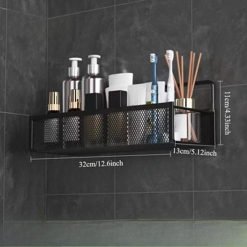Wrought Iron Bathroom Storage Basket, Wall-Mounted Self-Adhesive Toothbrush Holder, Cosmetic & Condiment Shower Shelves, Kitchen & Bathroom Decorative Accessories/ BLACK - Image 2