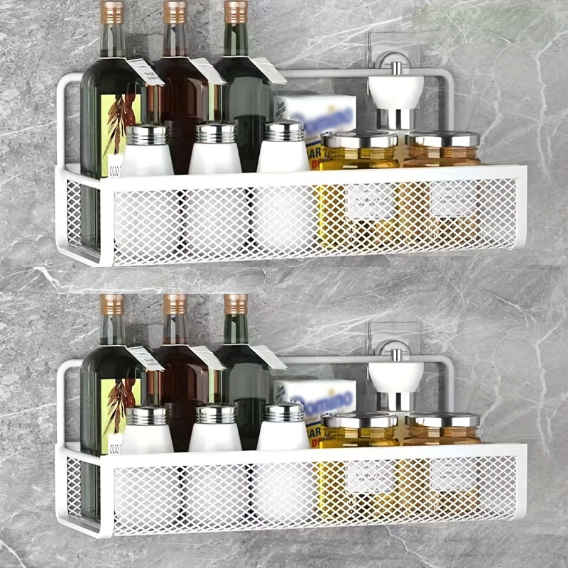 Wrought Iron Bathroom Storage Basket, Wall-Mounted Self-Adhesive Toothbrush Holder, Cosmetic & Condiment Shower Shelves, Kitchen & Bathroom Decorative Accessories/ BLACK - Image 5
