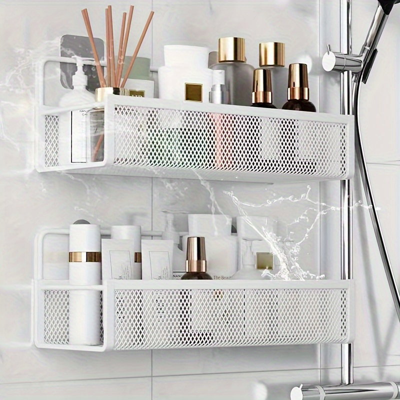 Wrought Iron Bathroom Storage Basket, Wall-Mounted Self-Adhesive Toothbrush Holder, Cosmetic & Condiment Shower Shelves, Kitchen & Bathroom Decorative Accessories/ BLACK - Image 6