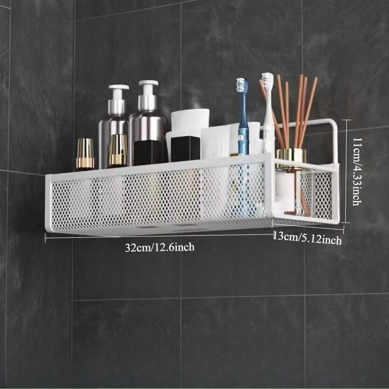 Wrought Iron Bathroom Storage Basket, Wall-Mounted Self-Adhesive Toothbrush Holder, Cosmetic & Condiment Shower Shelves, Kitchen & Bathroom Decorative Accessories/ BLACK - Image 7
