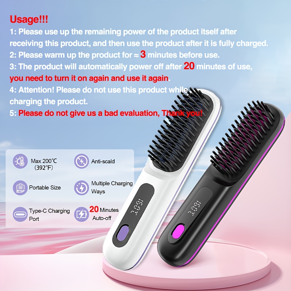 Cordless Hair Straightener Brush: Dual 2000mAh batteries for long-lasting power, fast heating, creates smooth styles anytime, anywhere.(Black) - Image 5