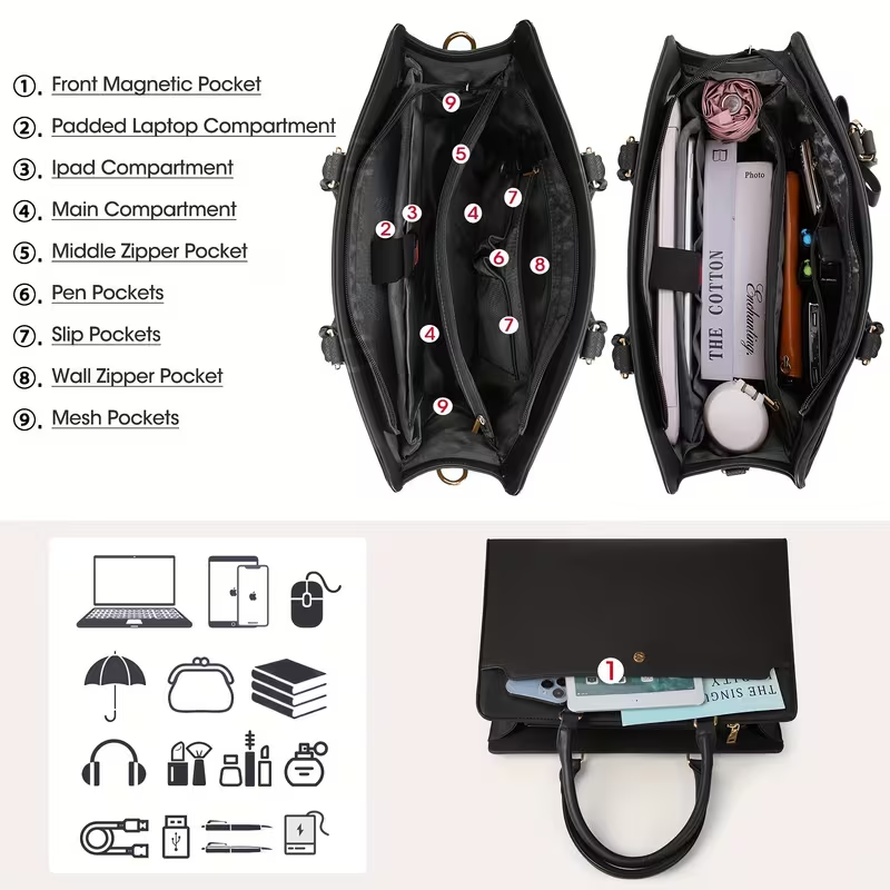 15.6-inch Laptop Tote Bag for Women, Large Capacity Faux Leather Work Tote, Waterproof Business Office Computer Bag, Ladies Travel Handbag & Shoulder Bag. - Image 7
