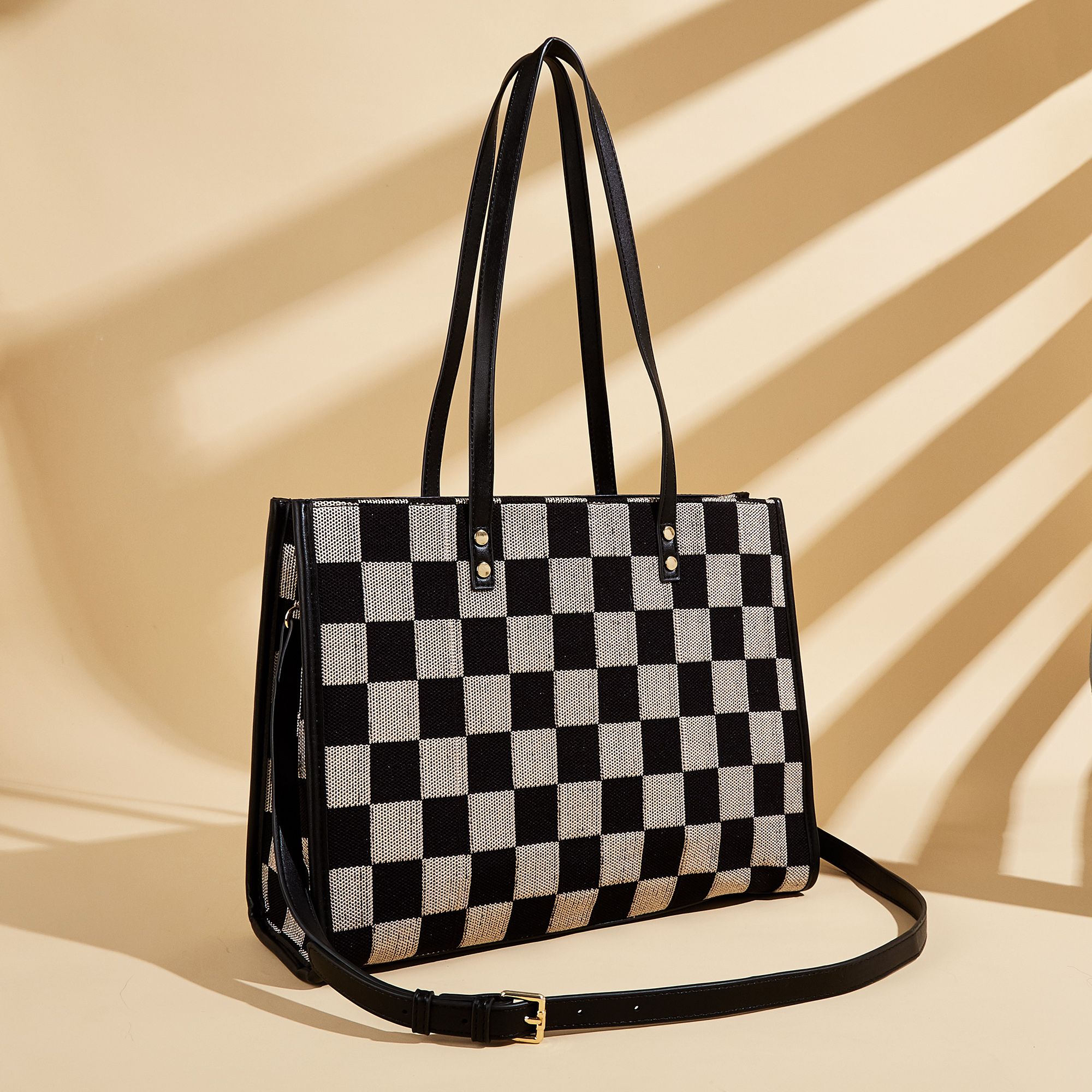 Stylish Black Khaki Checkerboard Tote Bag Large Capacity Women’s Shoulder Handbag for Work & Daily Use - Image 3