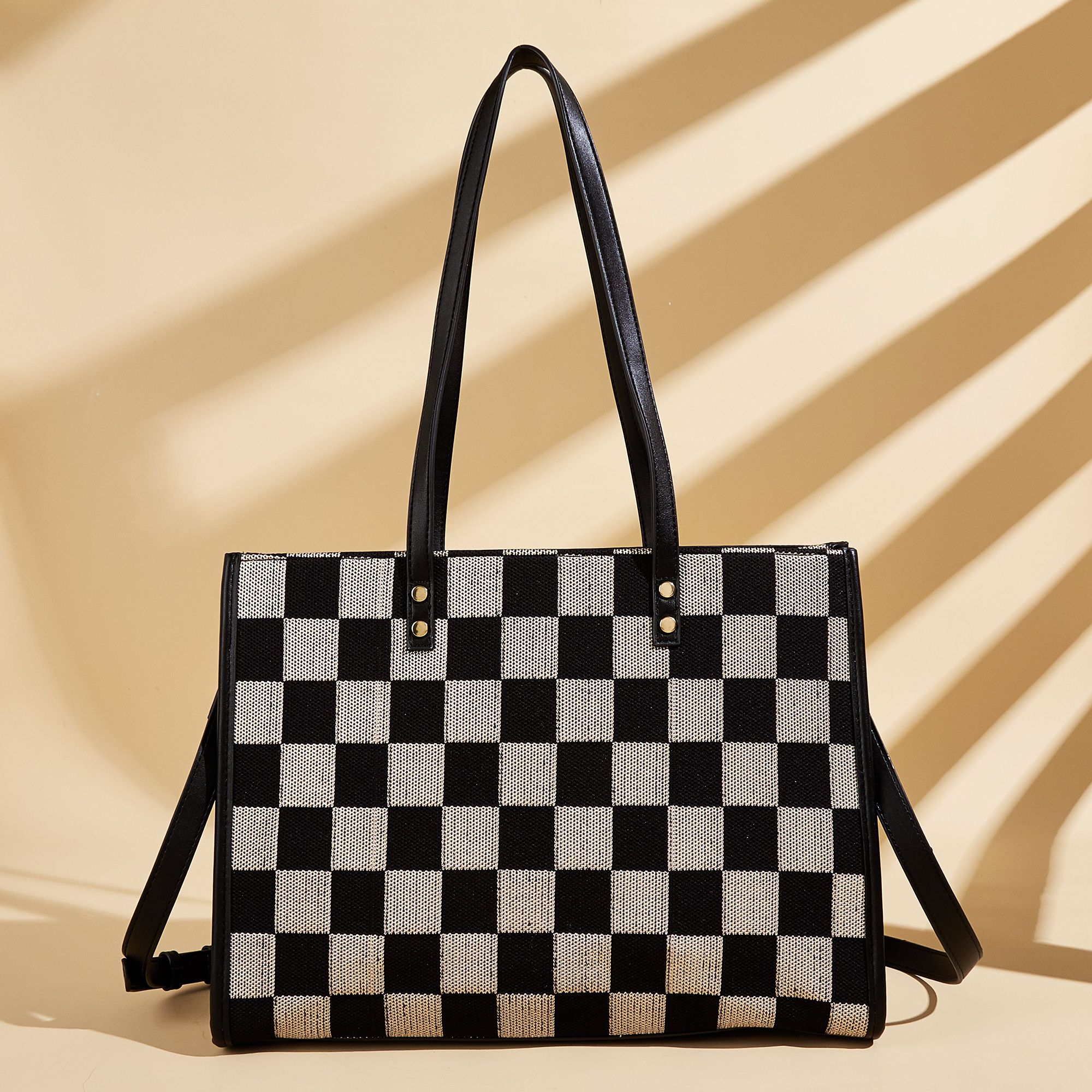 Stylish Black Khaki Checkerboard Tote Bag Large Capacity Women’s Shoulder Handbag for Work & Daily Use - Image 5