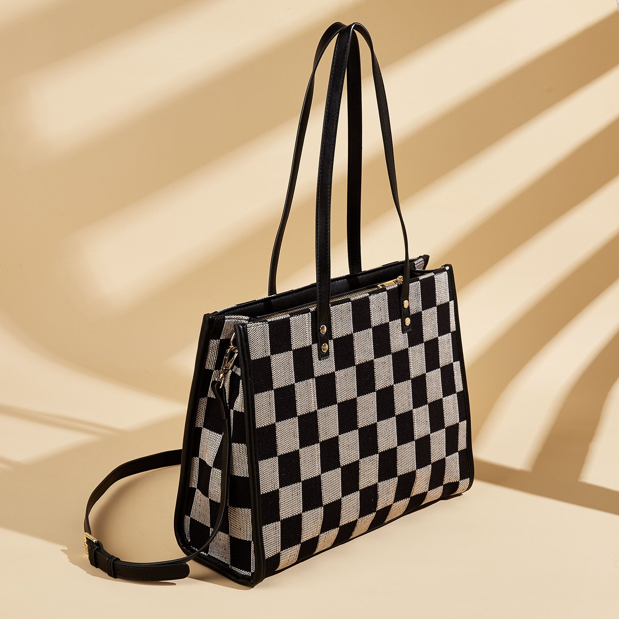 Stylish Black Khaki Checkerboard Tote Bag Large Capacity Women’s Shoulder Handbag for Work & Daily Use - Image 6