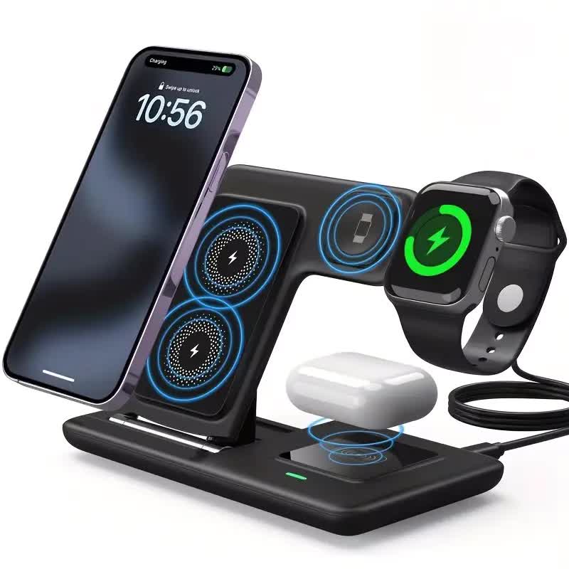 Multi-device 3-in-1 Foldable Wireless Charging Station | iWatch Series 9 8 7 6 SE 5 4 3 2, Ultra Airpods Pro 3 2, iPhone 17/16/15/14/13/12/11 Rapid Charging Stand - Magnetic Connector, USB Power Supply - Image 1