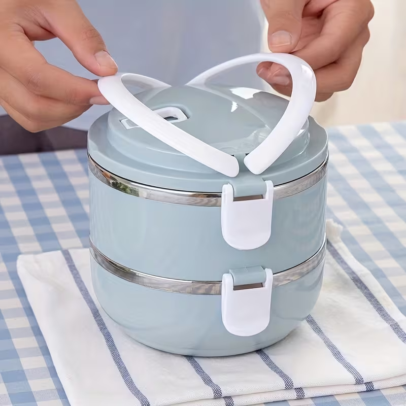 Two-layer circular lunch boxes, stainless steel insulated lunch containers, covered storage containers, suitable for office workers, school trips, camping and picnics, kitchen supplies - Image 1