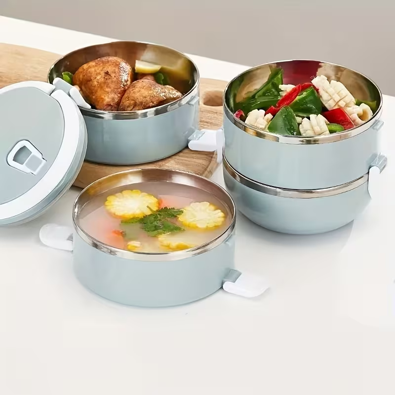 Two-layer circular lunch boxes, stainless steel insulated lunch containers, covered storage containers, suitable for office workers, school trips, camping and picnics, kitchen supplies - Image 2