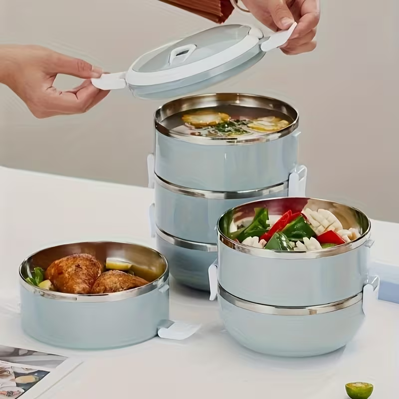 Two-layer circular lunch boxes, stainless steel insulated lunch containers, covered storage containers, suitable for office workers, school trips, camping and picnics, kitchen supplies - Image 4