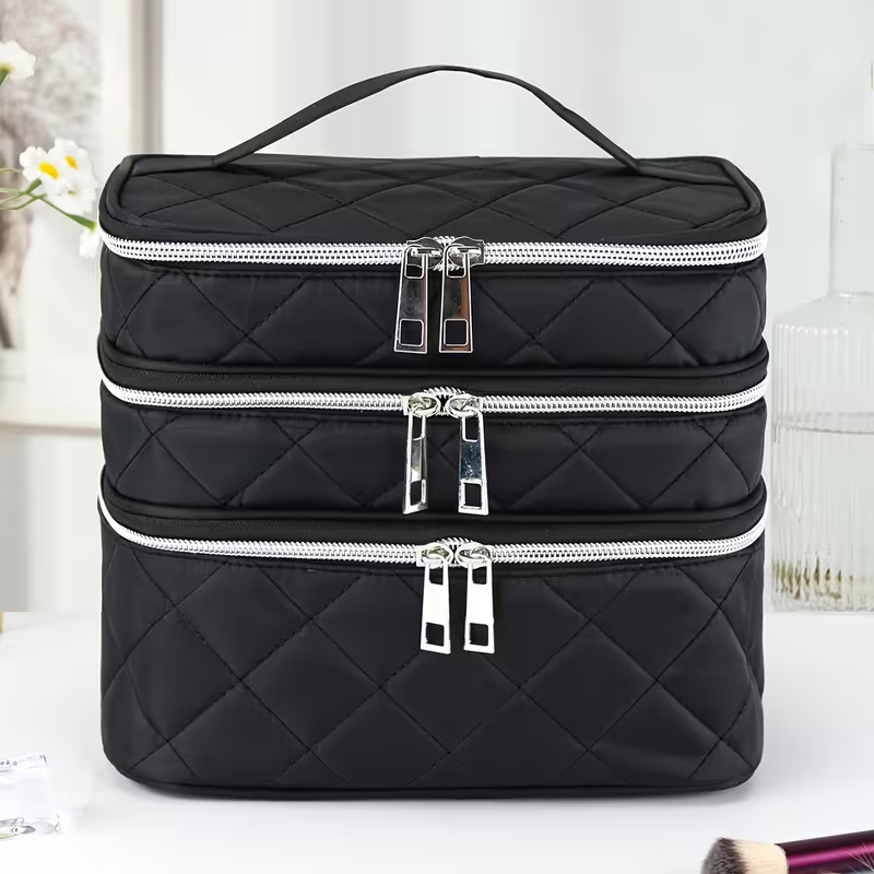Fashionable and light luxury large-capacity black embroidered diamond-shaped cosmetic bag with three  for multi-level storage, portable and hand-held, suitable for home and travel use. - Image 1