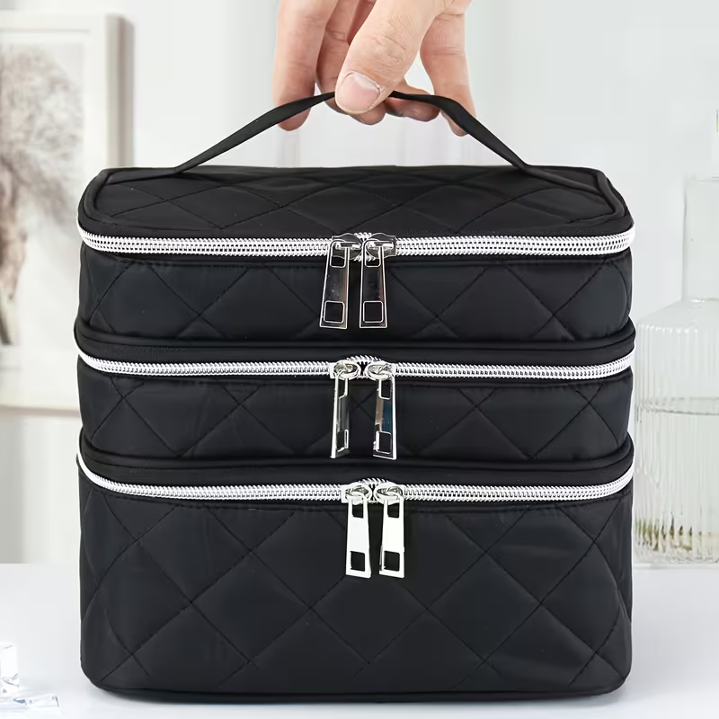 Fashionable and light luxury large-capacity black embroidered diamond-shaped cosmetic bag with three  for multi-level storage, portable and hand-held, suitable for home and travel use. - Image 2