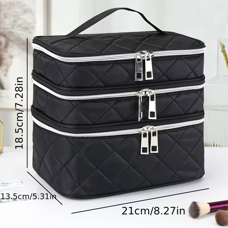 Fashionable and light luxury large-capacity black embroidered diamond-shaped cosmetic bag with three  for multi-level storage, portable and hand-held, suitable for home and travel use. - Image 4