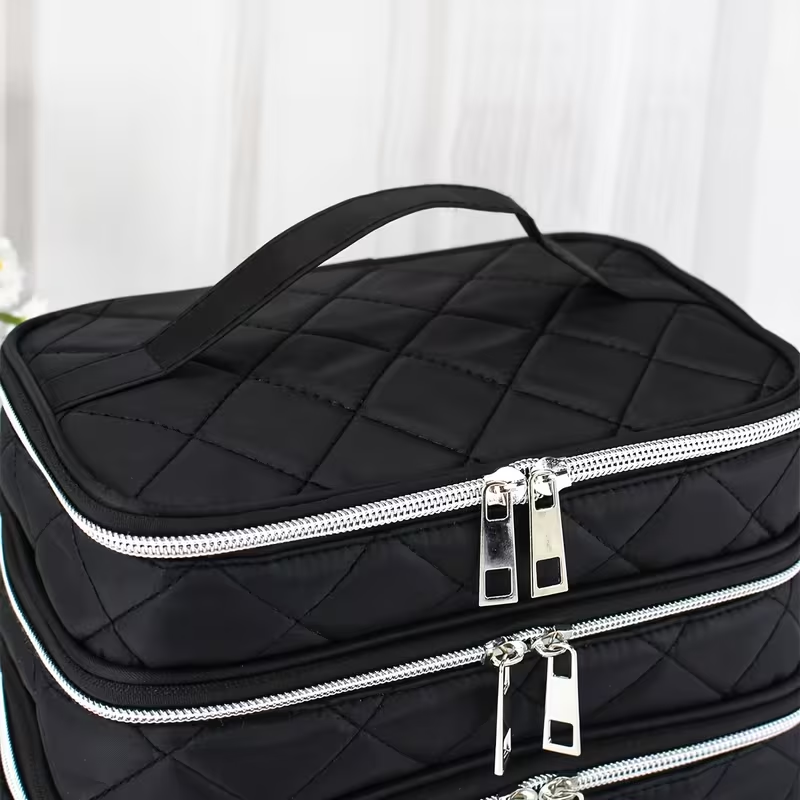 Fashionable and light luxury large-capacity black embroidered diamond-shaped cosmetic bag with three  for multi-level storage, portable and hand-held, suitable for home and travel use. - Image 5