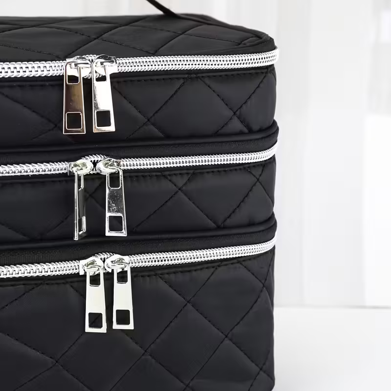 Fashionable and light luxury large-capacity black embroidered diamond-shaped cosmetic bag with three  for multi-level storage, portable and hand-held, suitable for home and travel use. - Image 6