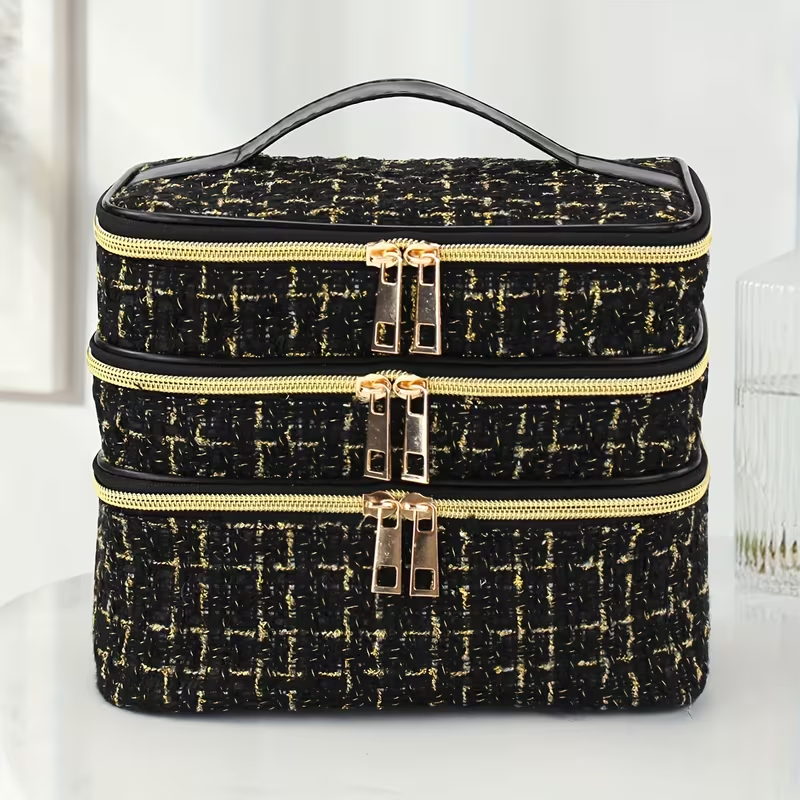 Fashionable and light luxury large-capacity black embroidered diamond-shaped cosmetic bag with three  for multi-level storage, portable and hand-held, suitable for home and travel use. - Image 1