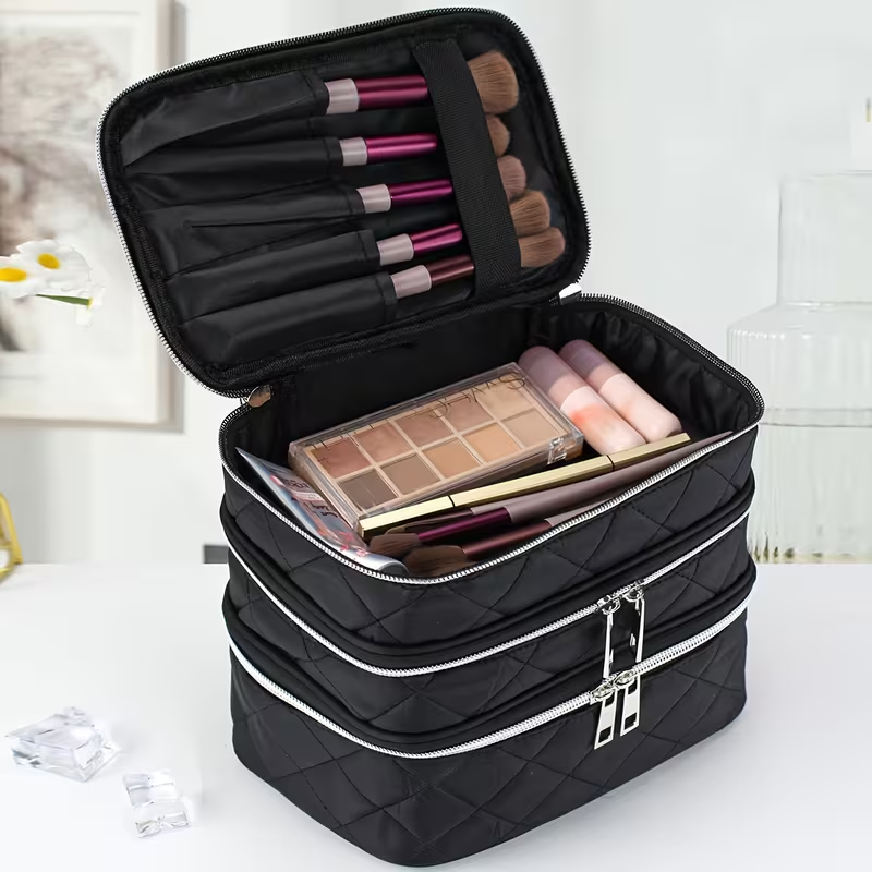Fashionable and light luxury large-capacity black embroidered diamond-shaped cosmetic bag with three  for multi-level storage, portable and hand-held, suitable for home and travel use. - Image 2