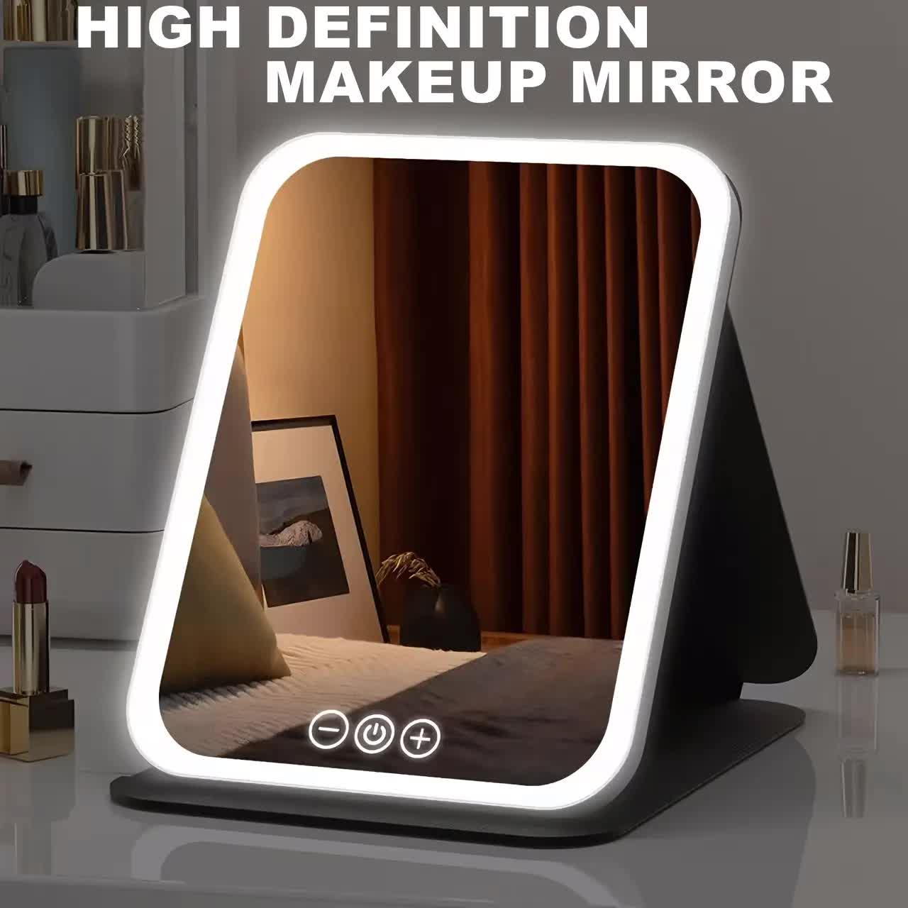 LED folding makeup mirror with light, portable travel beauty mirror with light, three-color adjustable light, touch screen, rechargeable - Image 1
