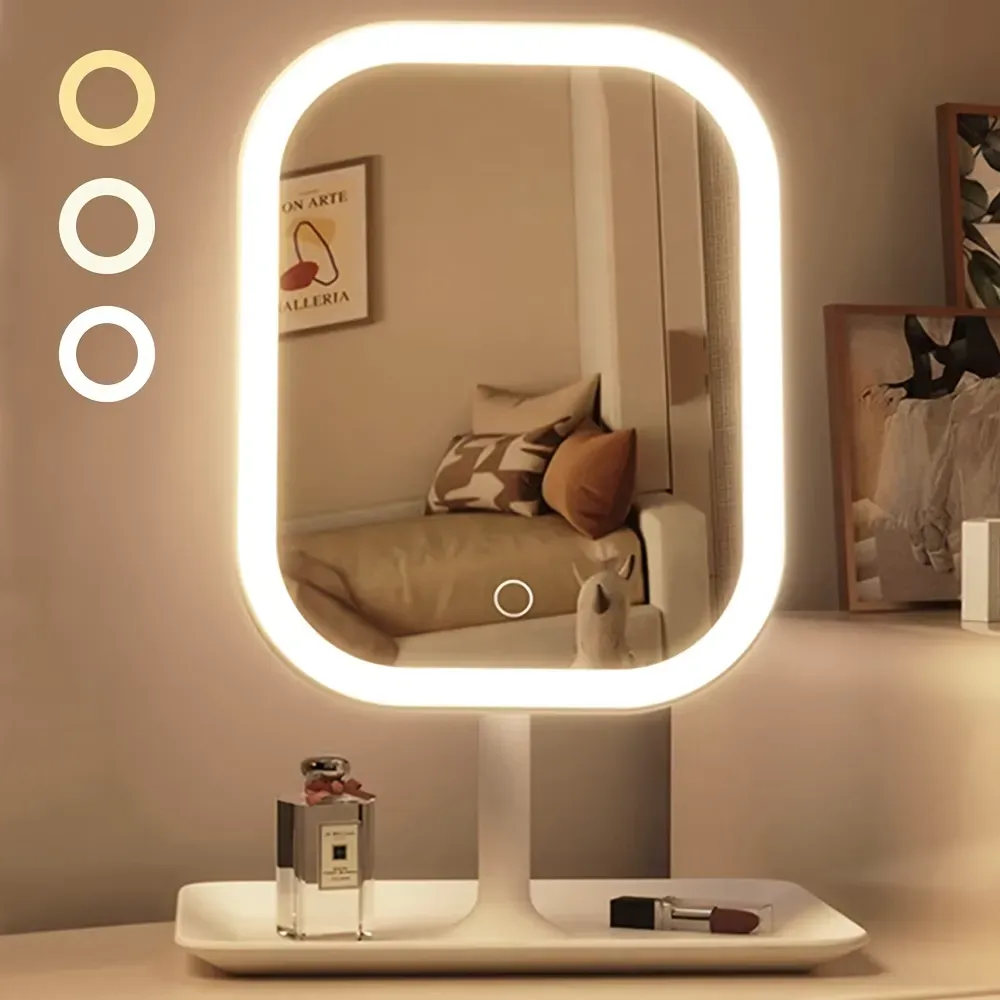 LED makeup mirror, portable travel mirror with foldable design and built-in lights, 3 lighting modes, intelligent adjustable light touch screen, USB rechargeable, portable illuminated beauty mirror, travel makeup stand with lights, bedroom makeup mirror, - Image 1