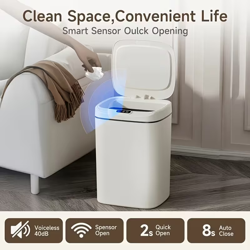 Intelligent sensor trash can, silent and gradual descent - odor-proof, multiple capacity options (14 liters), suitable for kitchens, bathrooms, living rooms, offices - battery-powered (requires AA batteries, batteries not included), waterproof rating: IPX - Image 1