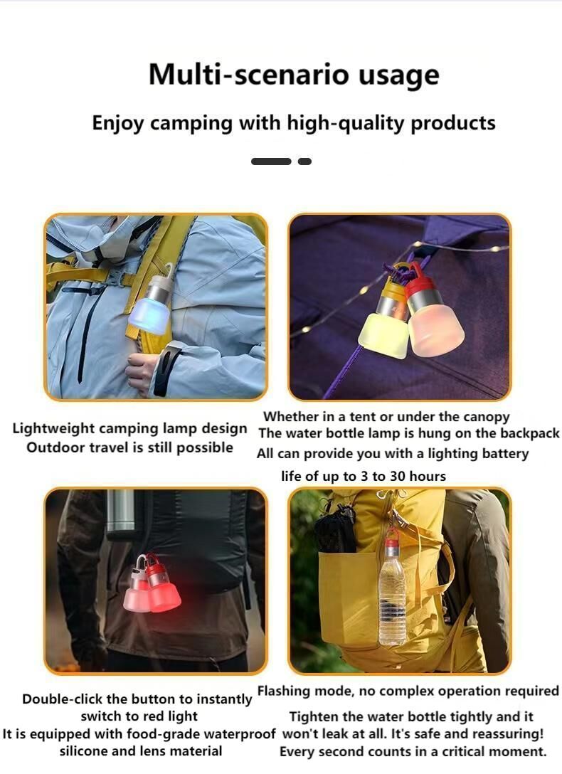 Two random color (green - yellow - white - red) outdoor camping lights, convenient for hiking, multi-scenario water bottle lights, ambient lights, suspended hanging lights with focused light - Image 3
