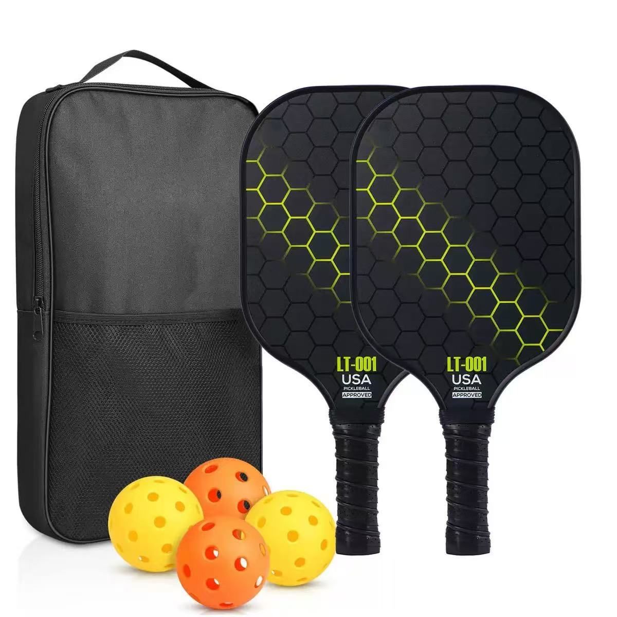 2 rackets, 4 balls, Pidike racket set (yellow), fiberglass graphite Pidike racket set, ball equipment including balls, bags, accessories, rackets, suitable for beginners and professionals - Image 1