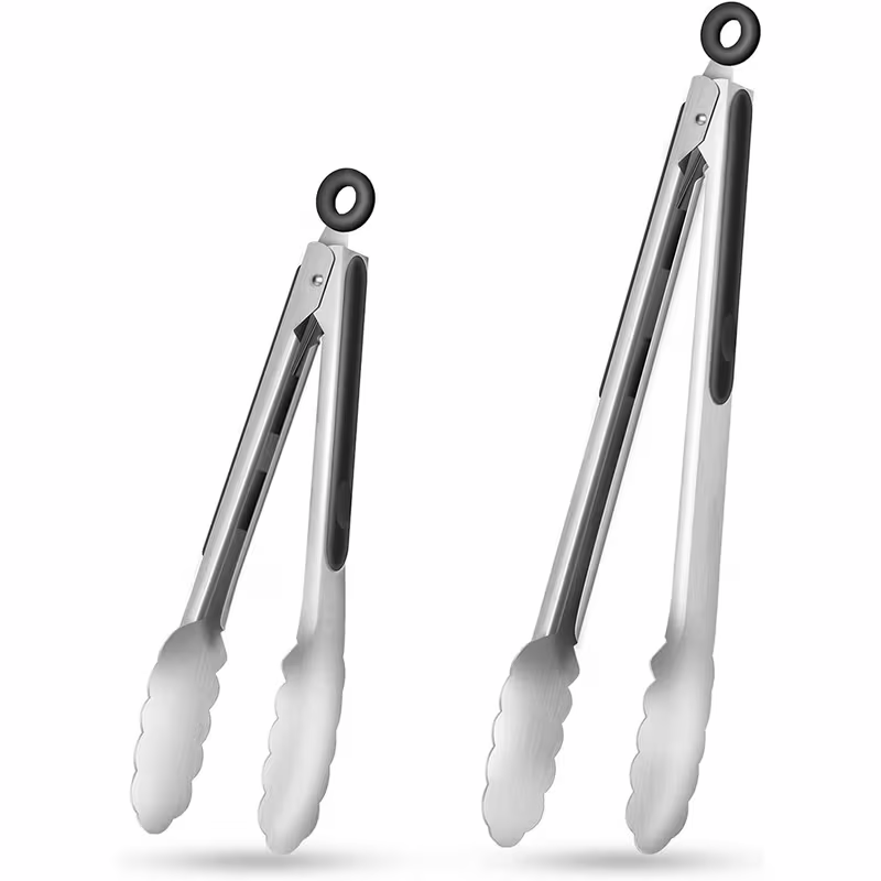 Stainless steel kitchen tongs set (2 pieces), silicone anti-slip handle, lockable barbecue food tongs, 22.86cm & 30.48cm, barbecue cooking tools - Image 1