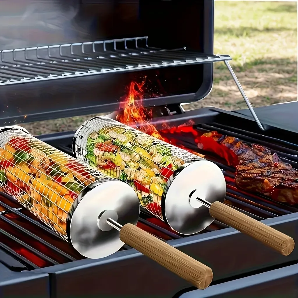 stainless steel BBQ grill, anti-scald design (barbecue basket + barbecue fork + hook) barbecue tool set, portable outdoor barbecue essential items, barbecue camping barbecue accessories, covered outdoor barbecue basket, suitable for camping and outdoor BB - Image 1