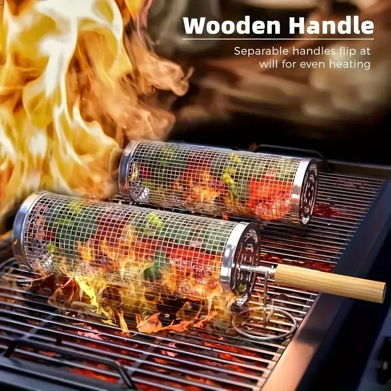 stainless steel BBQ grill, anti-scald design (barbecue basket + barbecue fork + hook) barbecue tool set, portable outdoor barbecue essential items, barbecue camping barbecue accessories, covered outdoor barbecue basket, suitable for camping and outdoor BB - Image 3