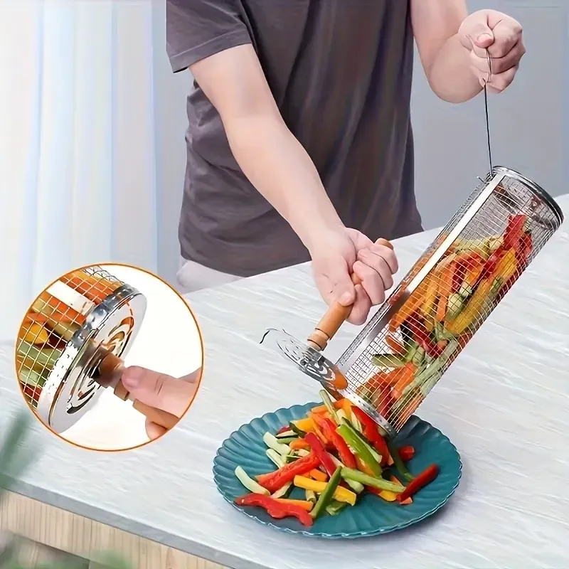 stainless steel BBQ grill, anti-scald design (barbecue basket + barbecue fork + hook) barbecue tool set, portable outdoor barbecue essential items, barbecue camping barbecue accessories, covered outdoor barbecue basket, suitable for camping and outdoor BB - Image 4