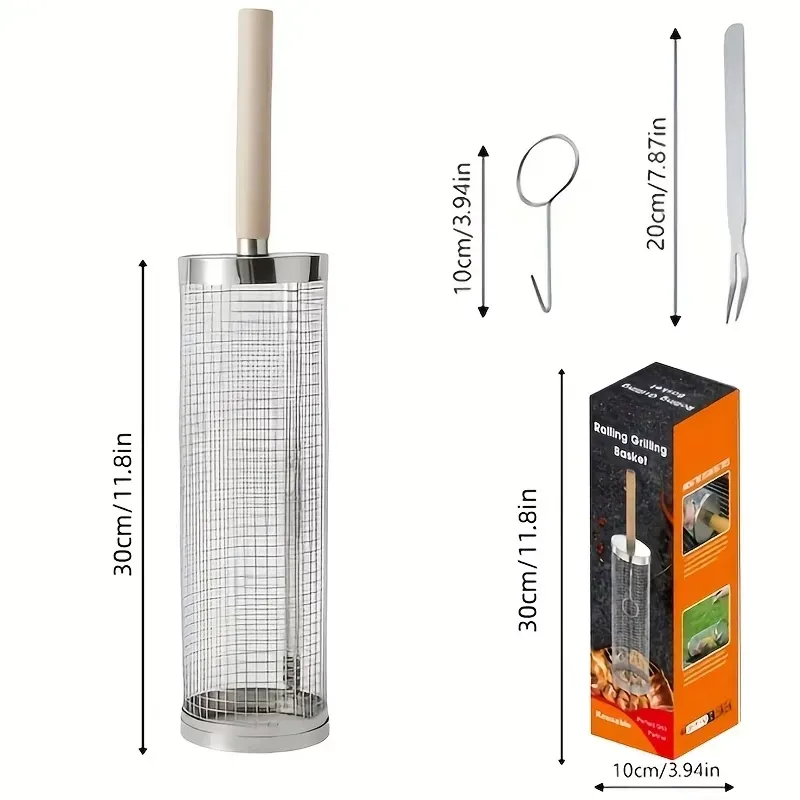 stainless steel BBQ grill, anti-scald design (barbecue basket + barbecue fork + hook) barbecue tool set, portable outdoor barbecue essential items, barbecue camping barbecue accessories, covered outdoor barbecue basket, suitable for camping and outdoor BB - Image 5