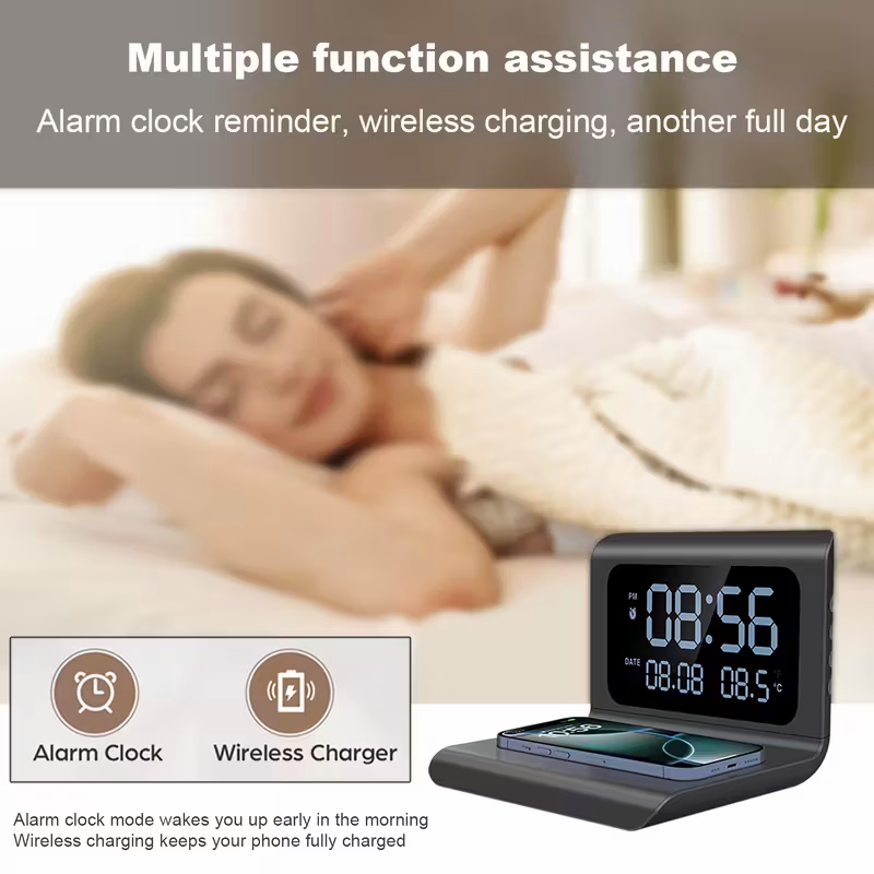 3-in-1 wireless charger, time and temperature display, bedroom desk alarm clock, iPhone 16 15 14 13 12 11 Pro Max/Mini/Plus/XR/X/8 AirPods 2/3/4/Pro/Pro 2 charging dock AirPods 4/3 /Pro/2, compatible with Samsung S25/S23/S22/S21/S20/ Galaxy Buds - Image 2