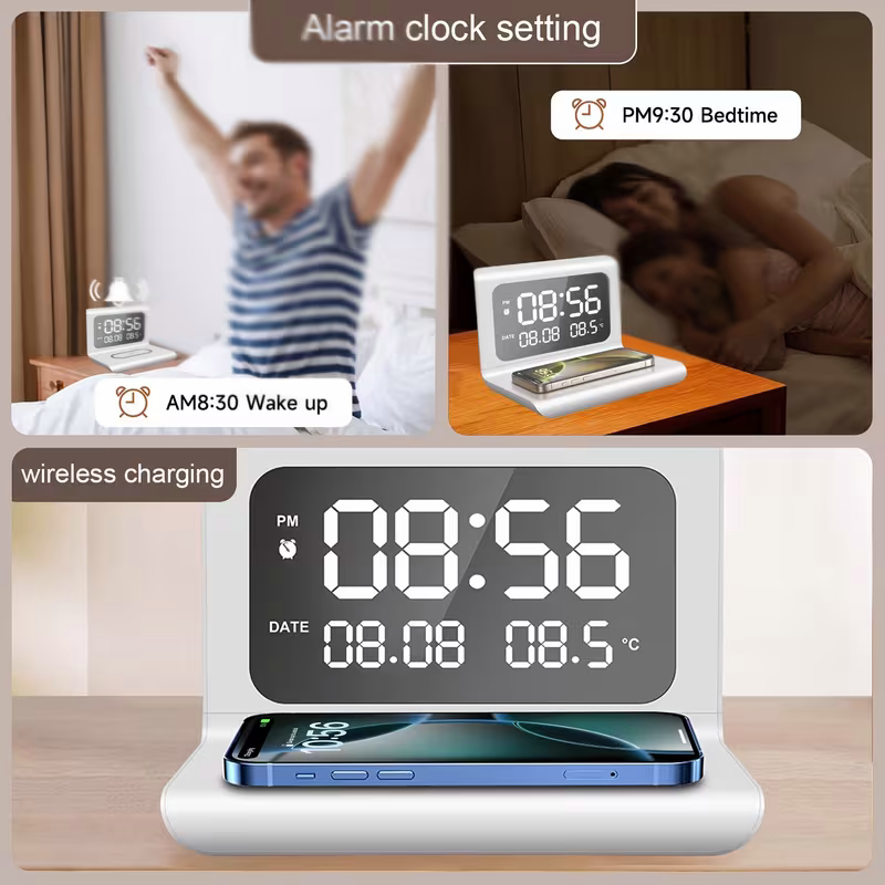3-in-1 wireless charger, time and temperature display, bedroom desk alarm clock, iPhone 16 15 14 13 12 11 Pro Max/Mini/Plus/XR/X/8 AirPods 2/3/4/Pro/Pro 2 charging dock AirPods 4/3 /Pro/2, compatible with Samsung S25/S23/S22/S21/S20/ Galaxy Buds - Image 4