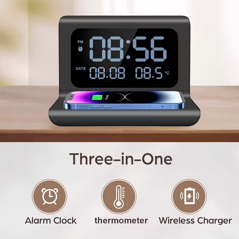 3-in-1 wireless charger, time and temperature display, bedroom desk alarm clock, iPhone 16 15 14 13 12 11 Pro Max/Mini/Plus/XR/X/8 AirPods 2/3/4/Pro/Pro 2 charging dock AirPods 4/3 /Pro/2, compatible with Samsung S25/S23/S22/S21/S20/ Galaxy Buds - Image 5