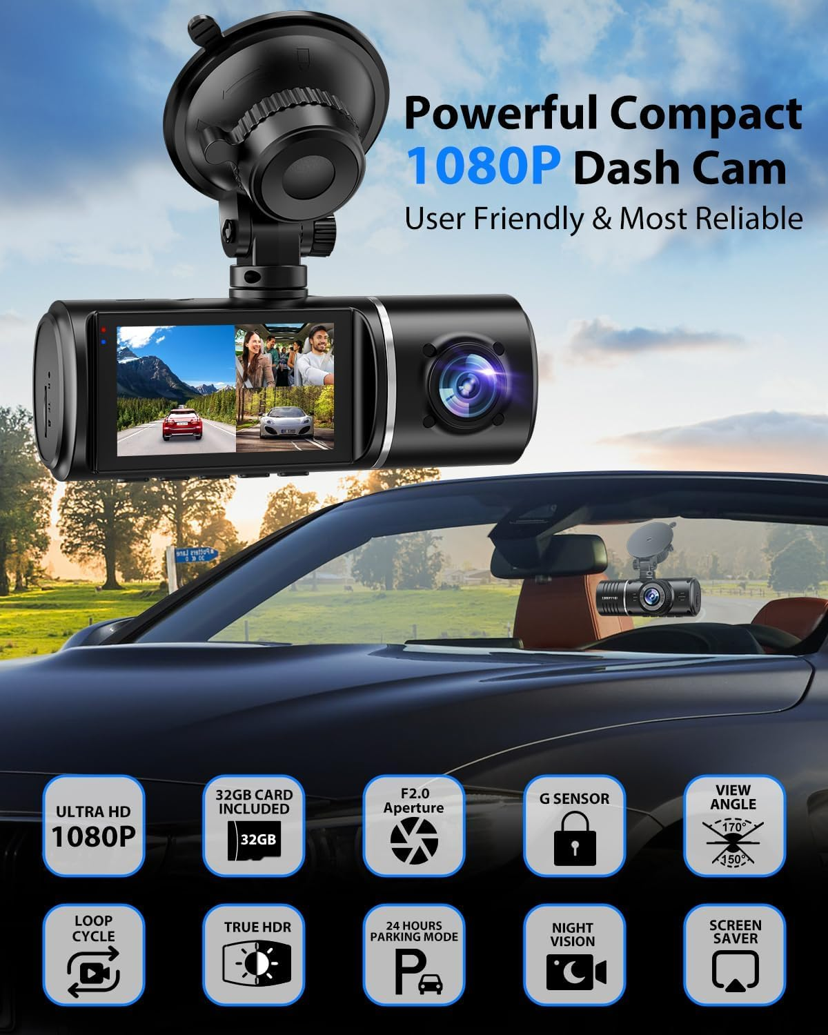 Three-camera dash cam C309, equipped with dual front cameras, an interior camera and a reversing camera - a dash cam for cars. Supports WIFI, loop recording, night vision, motion detection, parking monitoring - suitable for taxis, trucks, SUVs, sedans - c - Image 1