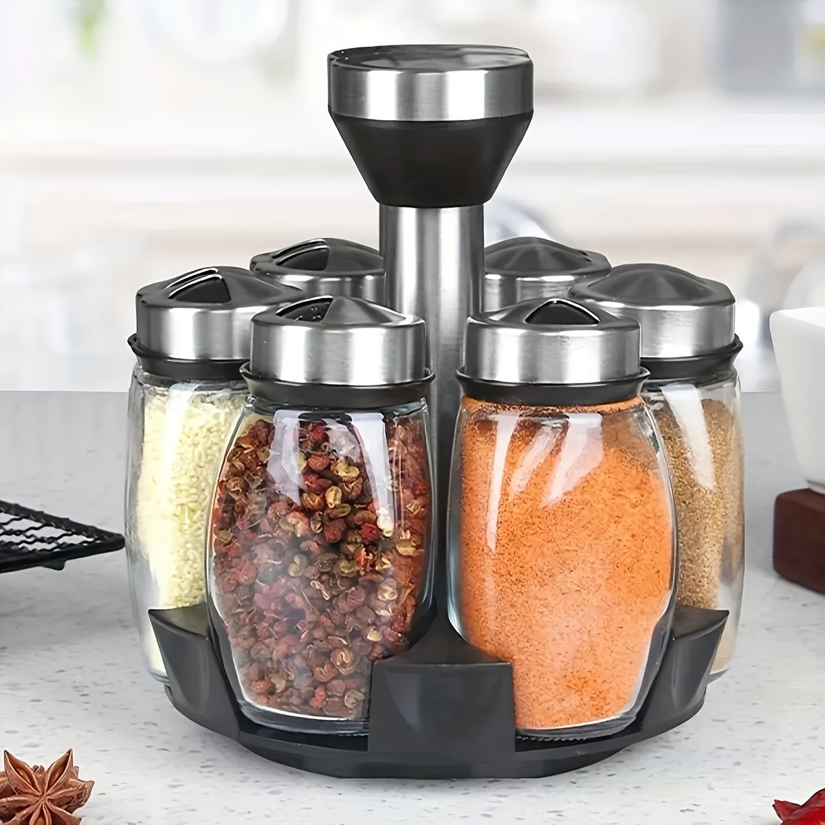 7 pieces rotating base spice dispenser, kitchen supplies, spice dispenser set, including salt, pepper and sugar dispenser - perfect for kitchen storage and organization - Image 1