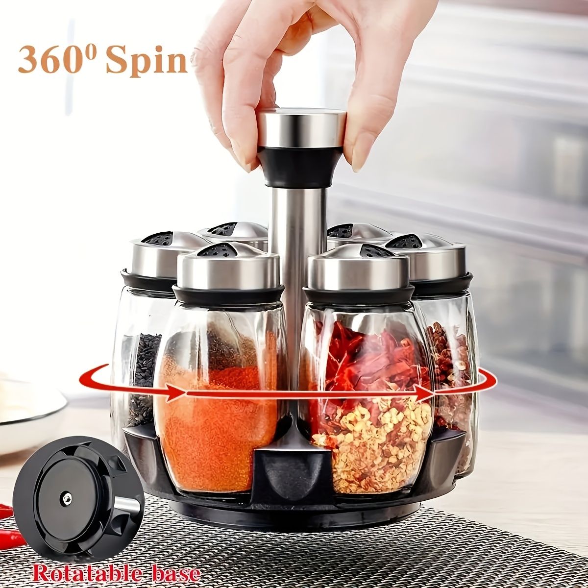 7 pieces rotating base spice dispenser, kitchen supplies, spice dispenser set, including salt, pepper and sugar dispenser - perfect for kitchen storage and organization - Image 3
