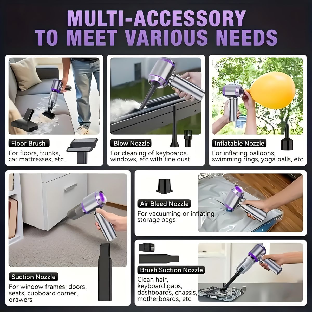 Portable Wireless Vacuum Cleaner 20000PA Vacuum 4-In-1 Vacuum Hand-Held - Purple - Size Brush - less motor with three - gear adjustment and power display - Image 7