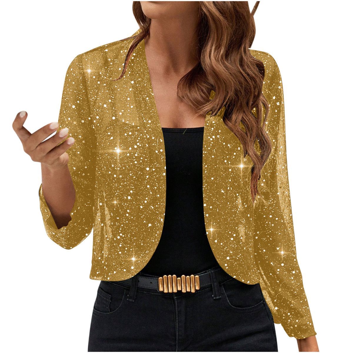 Sparkly Women'S Jacket Sheer Jacket Women'S Outerwear Fashion Jacket Glamorous - Yellow - Size XXL - Image 1