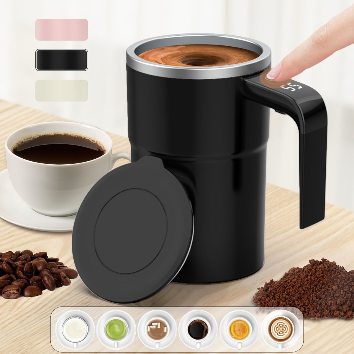 Self-Stirring Coffee Mug Automatic Stir Mug LED Temperature Mug Rechargeable - Beige - Size 380ML - Image 3
